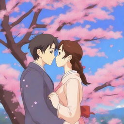 An anime-style digital art piece showcasing a cute couple, drawn in a charming Japanese animation style, sharing a tender kiss under a cherry blossom tree