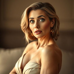 A stunning 50-year-old woman with an expression of surprise, facing directly towards the camera