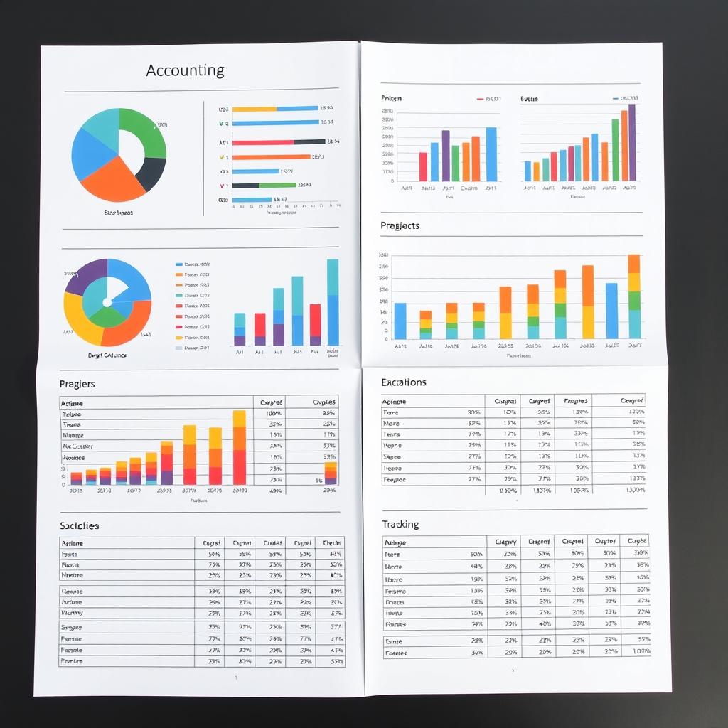 An accounting document featuring various detailed and colorful charts and tables