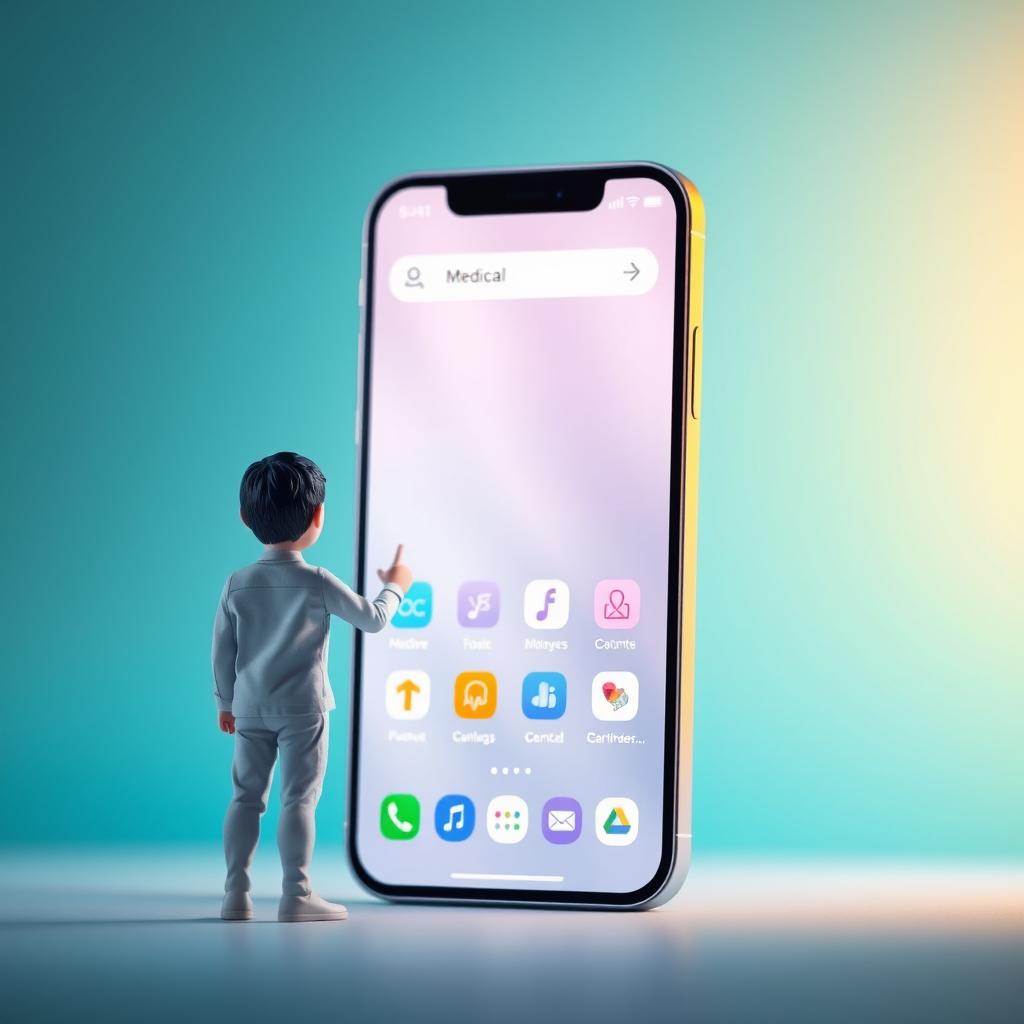 A giant smartphone displaying a sleek medical app interface, with a tiny human figure standing beside it, tapping on the massive touchscreen