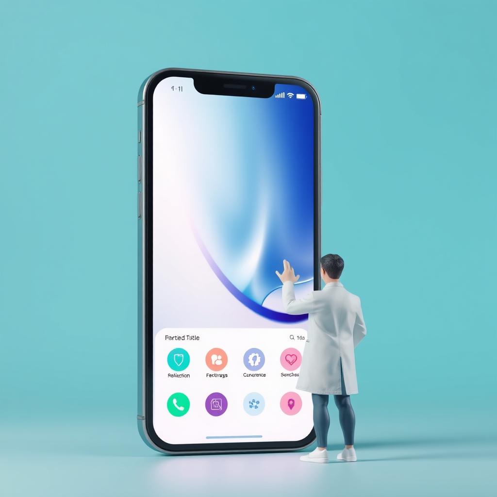 A giant smartphone displaying a sleek medical app interface, alongside a tiny figure of a doctor shown from the back, interacting with the screen by tapping on it