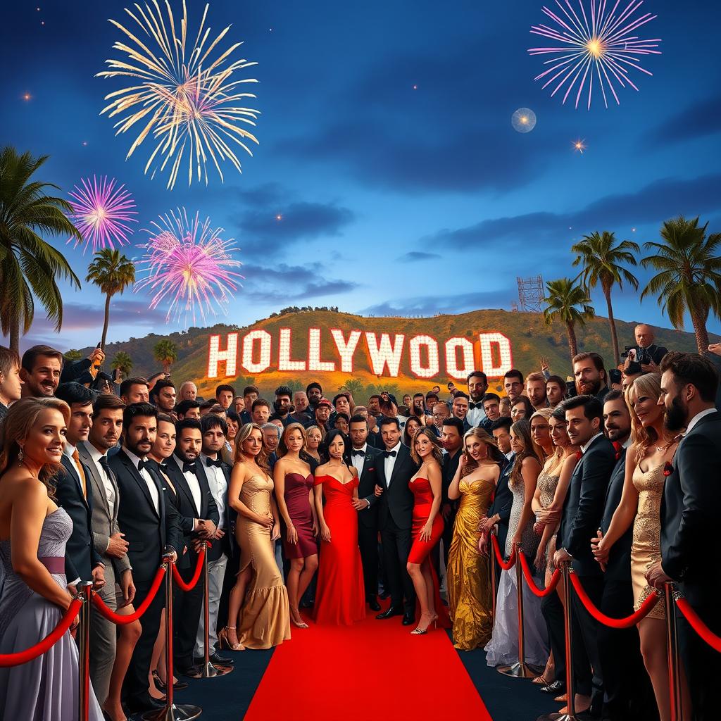 A large, vibrant gathering of all Hollywood actors at a glamorous film premiere event