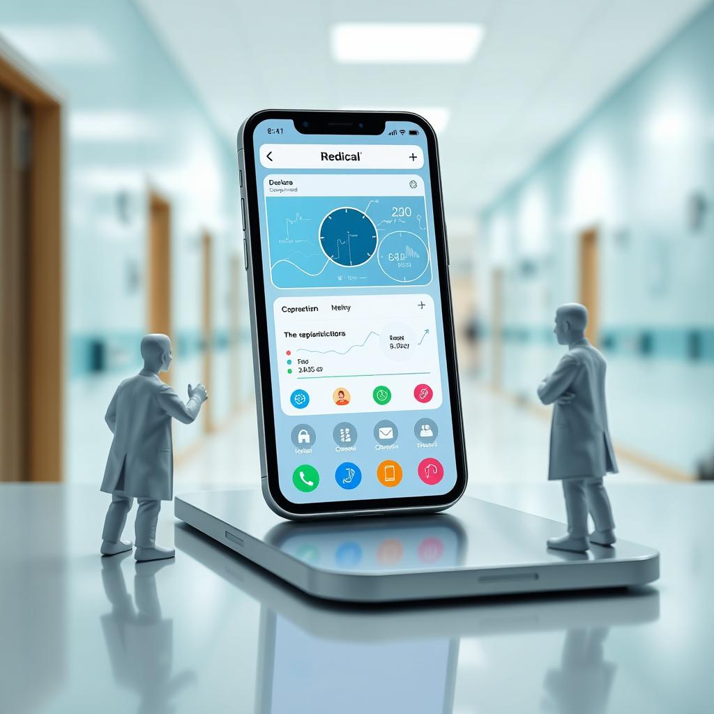 A giant smartphone displaying a detailed medical app interface prominently placed on a sleek desk in a hospital environment