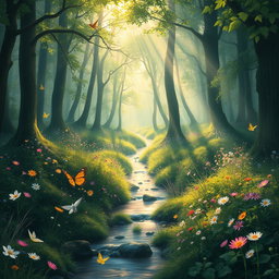 A serene, mystical forest revealing the enchanting beauty of nature