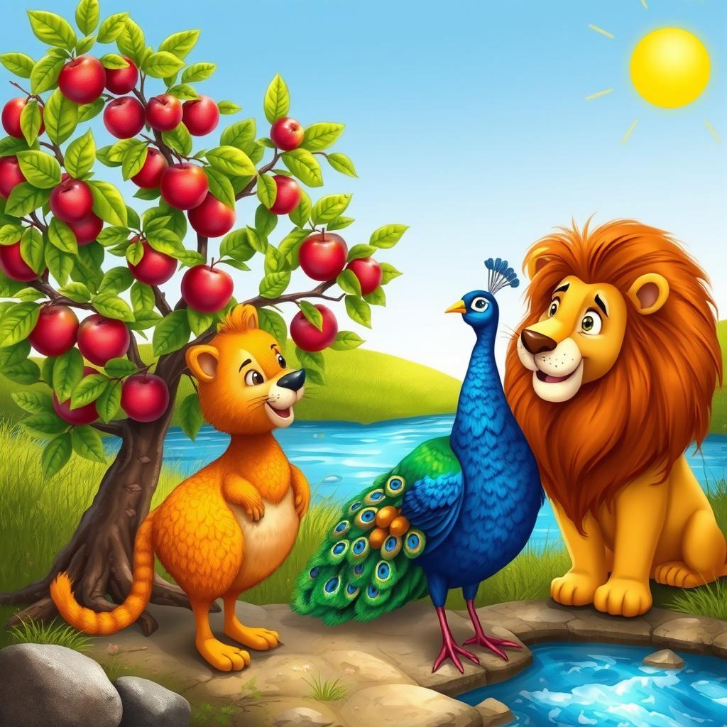 A whimsical scene featuring a colorful peacock standing gracefully beside a flowing river, engaging in a friendly conversation with a majestic lion