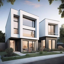 Two modern type-36 houses side by side, both featuring clean lines, large windows, and a minimalist aesthetic.