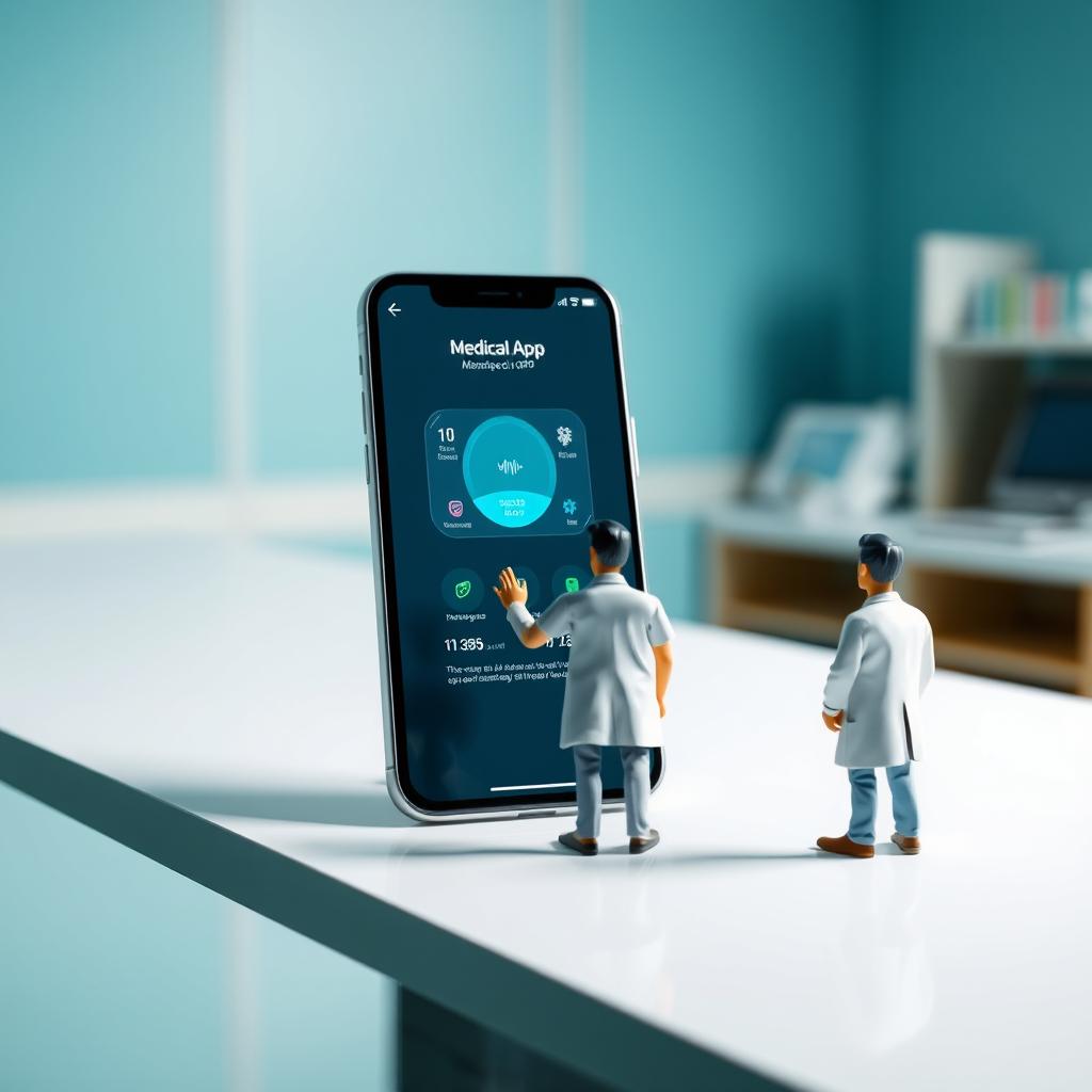 A giant smartphone displaying a medical app interface rests on a sleek modern desk in a hospital setting