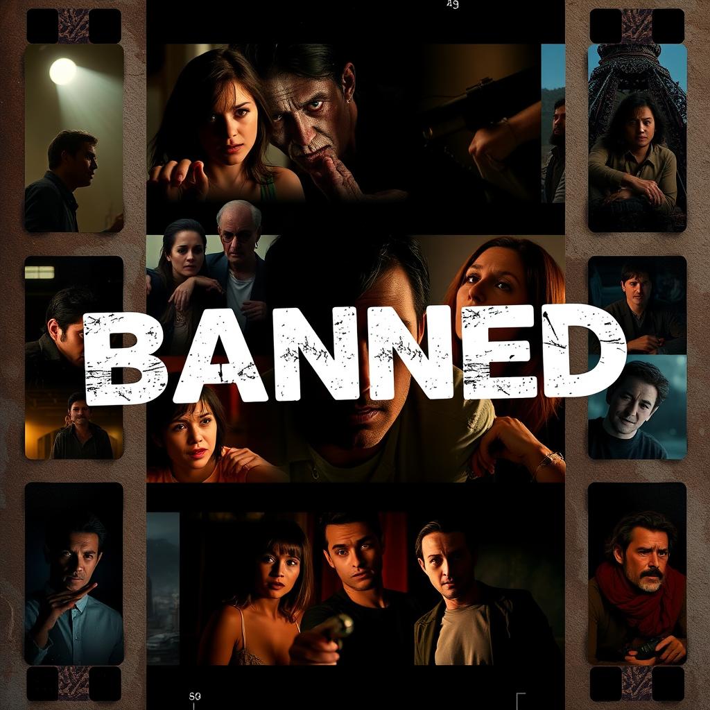 A visually compelling collage of iconic scenes from various banned movies, creatively blended to showcase a variety of cinematic styles