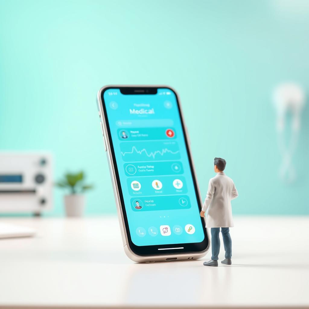 A giant smartphone displaying a detailed medical app interface placed on a desk in a hospital environment