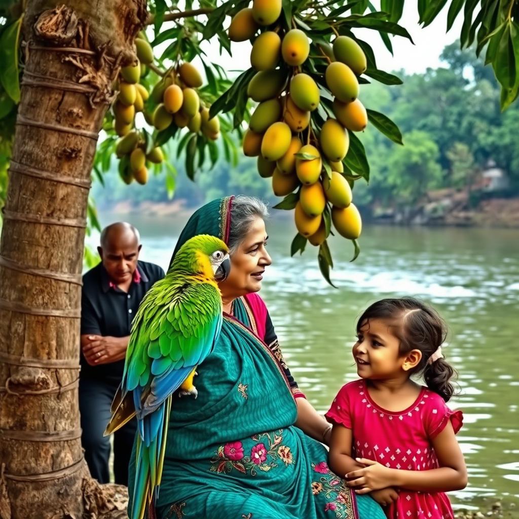 A vibrant scene by a river featuring a colorful parrot perched beside a middle-aged woman and her young girl