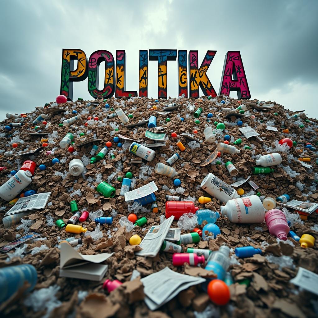 A large, chaotic heap of colorful trash and garbage, with the word 'POLITIKA' prominently displayed on top in bold, striking letters