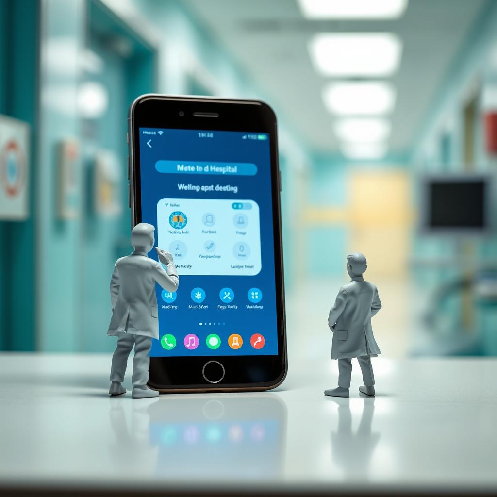 A giant smartphone displaying a medical app interface on a desk in a hospital setting