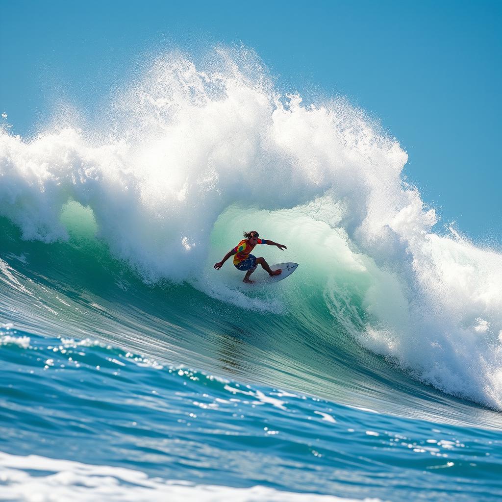 A dynamic and thrilling image of a surfer riding a massive wave, captured mid-action as the water cascades around him