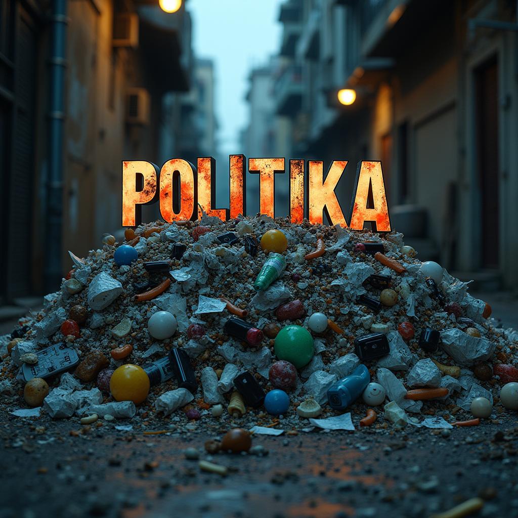 The word 'POLITIKA' boldly emblazoned in large, striking letters at the top of a huge pile of garbage