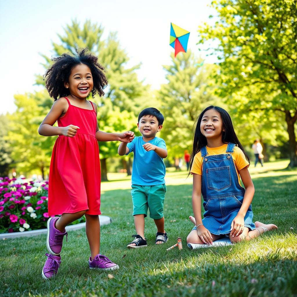 A vibrant and joyful outdoor scene featuring three children playing together in a sunny park