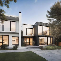 Two modern type-36 houses side by side, both featuring clean lines, large windows, and a minimalist aesthetic.