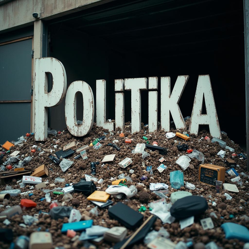 The word 'POLITIKA' prominently featured among a massive pile of garbage, surrounded by assorted trash items like discarded papers, plastic bags, food wrappers, and old electronics