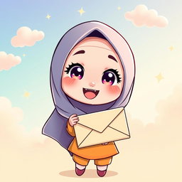 A chibi-style illustration of a Muslim girl joyfully holding an envelope, showcasing her cute and exaggerated features such as large sparkling eyes and an adorable smile