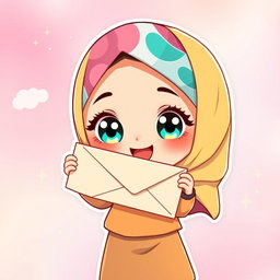 A chibi-style illustration of a Muslim girl joyfully holding an envelope, showcasing her cute and exaggerated features such as large sparkling eyes and an adorable smile