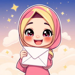 A chibi-style illustration of a Muslim girl joyfully holding an envelope, showcasing her cute and exaggerated features such as large sparkling eyes and an adorable smile
