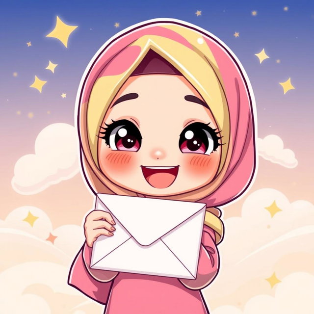 A chibi-style illustration of a Muslim girl joyfully holding an envelope, showcasing her cute and exaggerated features such as large sparkling eyes and an adorable smile