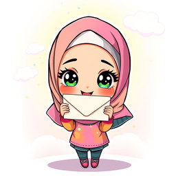 A chibi-style illustration of a Muslim girl joyfully holding an envelope, showcasing her cute and exaggerated features such as large sparkling eyes and an adorable smile