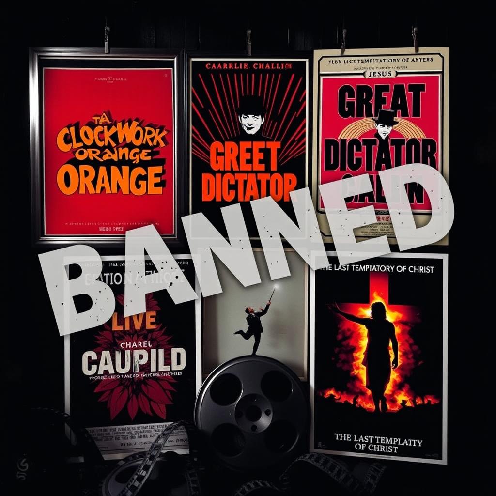 A collection of iconic banned movie posters, each displaying their unique art styles and themes, surrounded by a dark, moody atmosphere