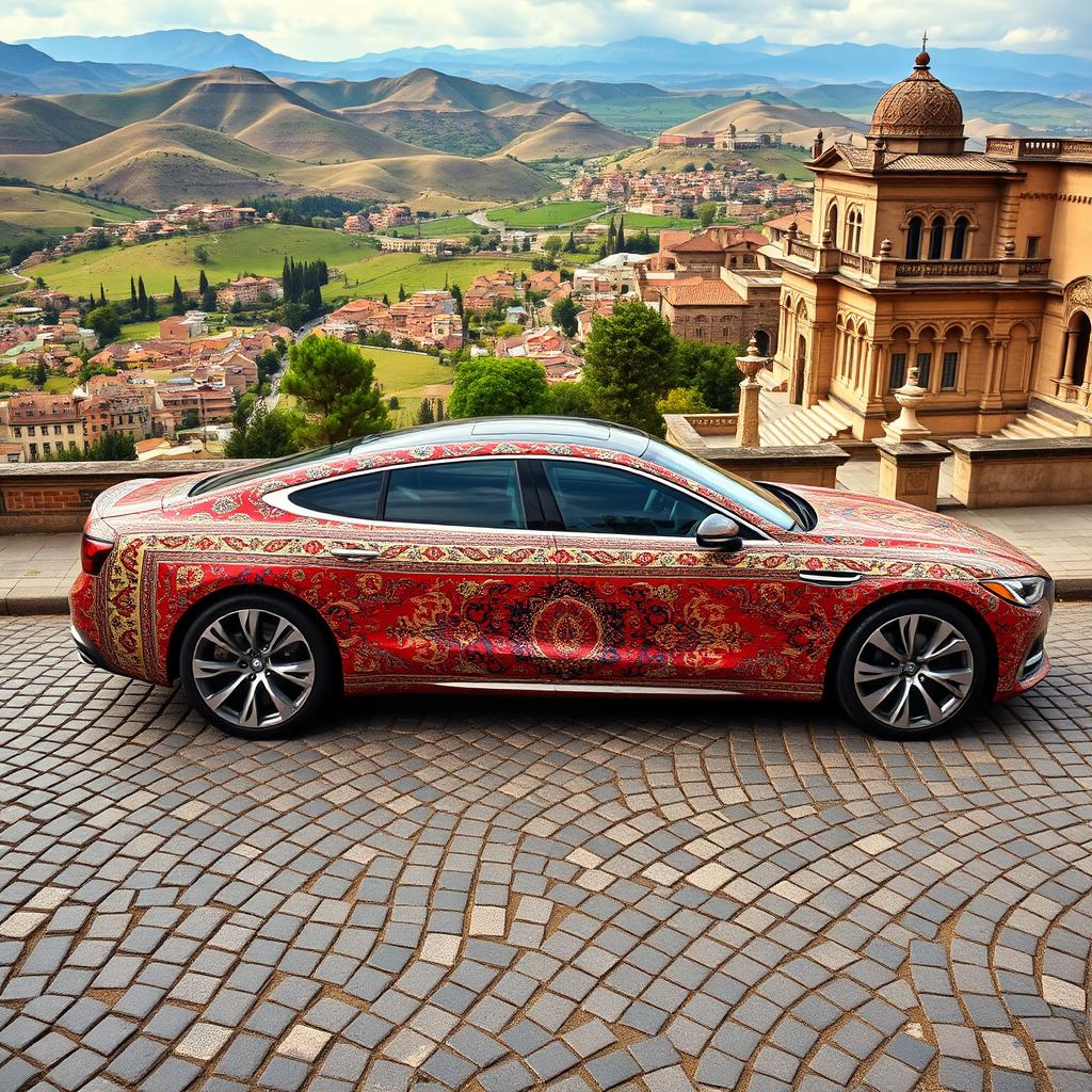 A stunning Iranian car featuring an exquisite Iranian carpet design intricately painted on its body