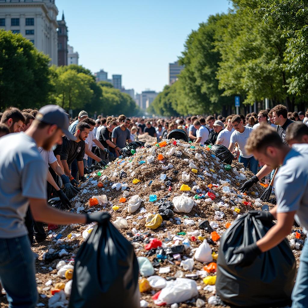 A chaotic scene of numerous individuals actively cleaning a massive pile of garbage, showcasing their determination and teamwork