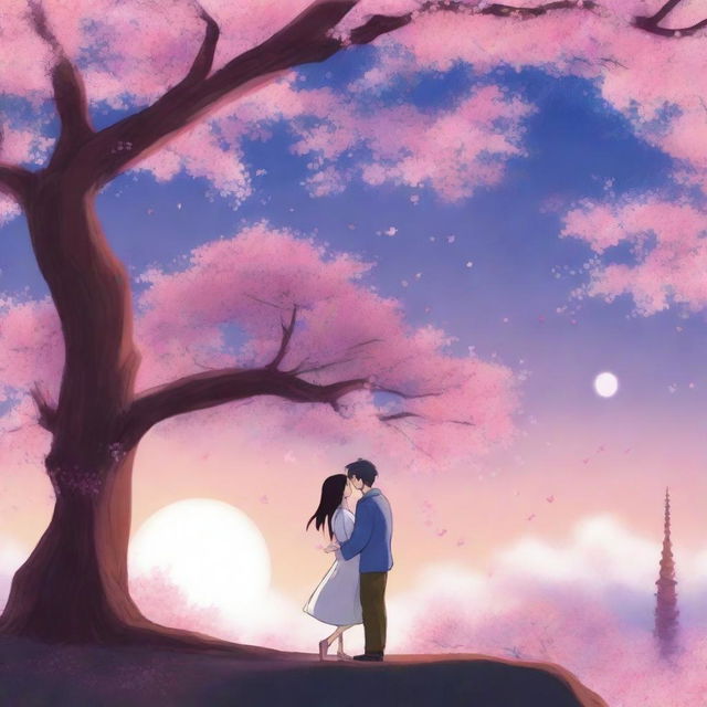 A romantic digital art piece in the style of Japanese anime, depicting a couple sharing a passionate kiss under a cherry blossom tree