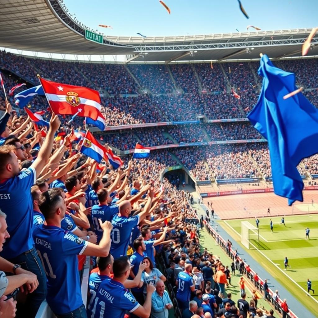 A vibrant and energetic scene at a Football match, showcasing ardent Estighlal football spectators in the stands, wearing blue jerseys and waving flags, filled with excitement and enthusiasm