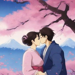 A romantic digital art piece in the style of Japanese anime, depicting a couple sharing a passionate kiss under a cherry blossom tree