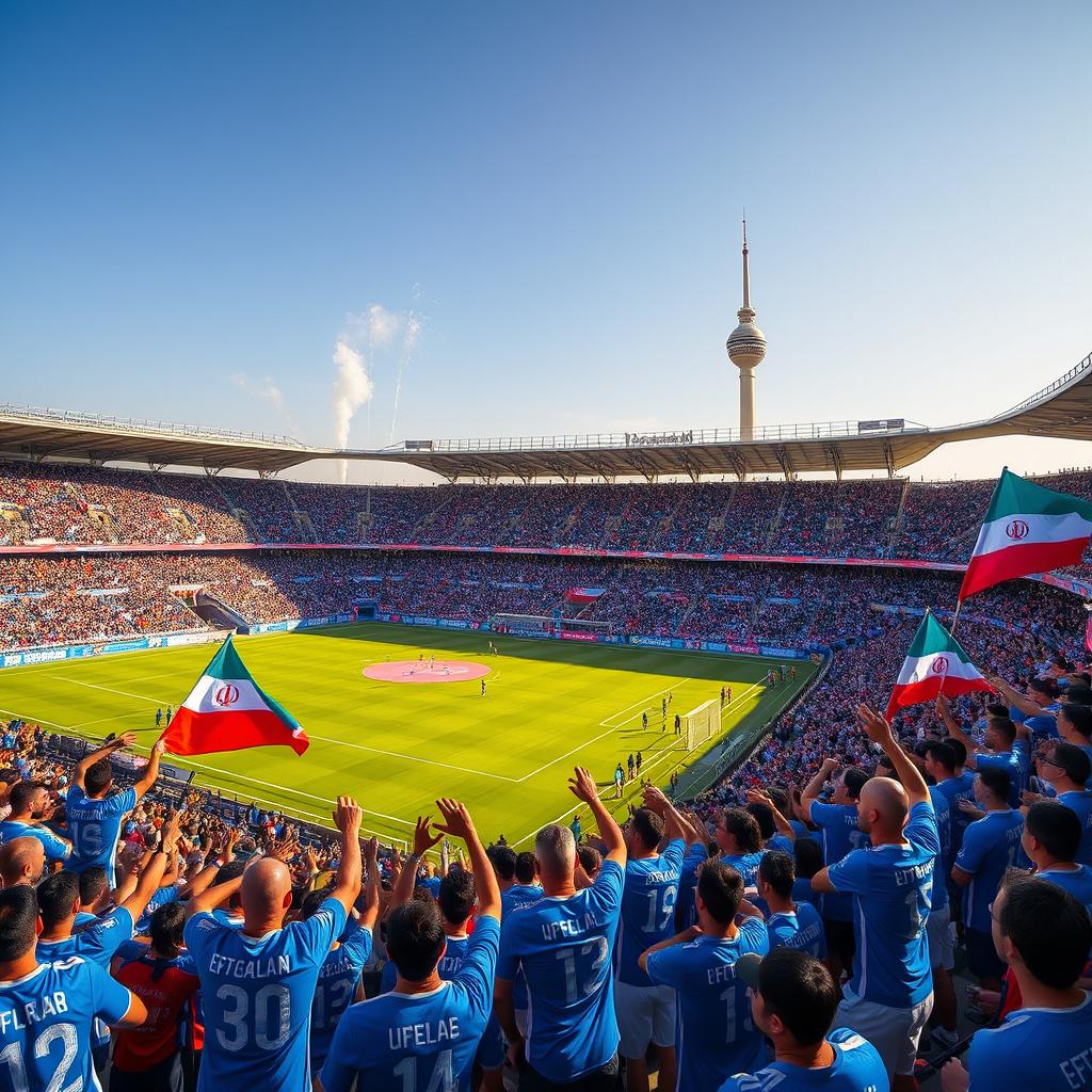 A vibrant scene showcasing a football match at Azadi Stadium in Tehran featuring the Esteghlal Tehran football team