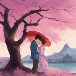 A romantic digital art piece in the style of Japanese anime, depicting a couple sharing a passionate kiss under a cherry blossom tree