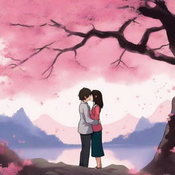 A romantic digital art piece in the style of Japanese anime, depicting a couple sharing a passionate kiss under a cherry blossom tree