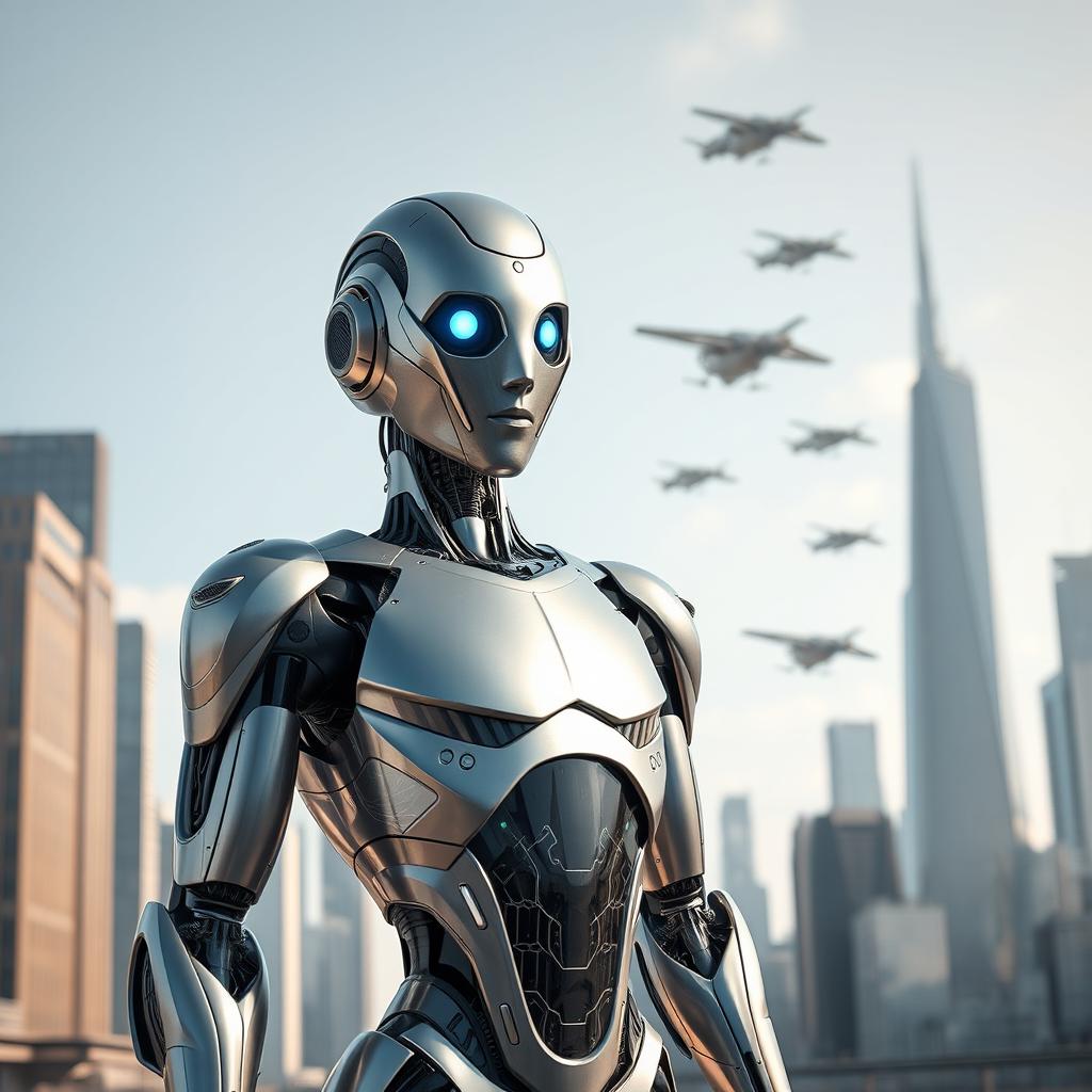 A futuristic robot man standing confidently in a modern cityscape, his sleek metallic body reflecting the sunlight