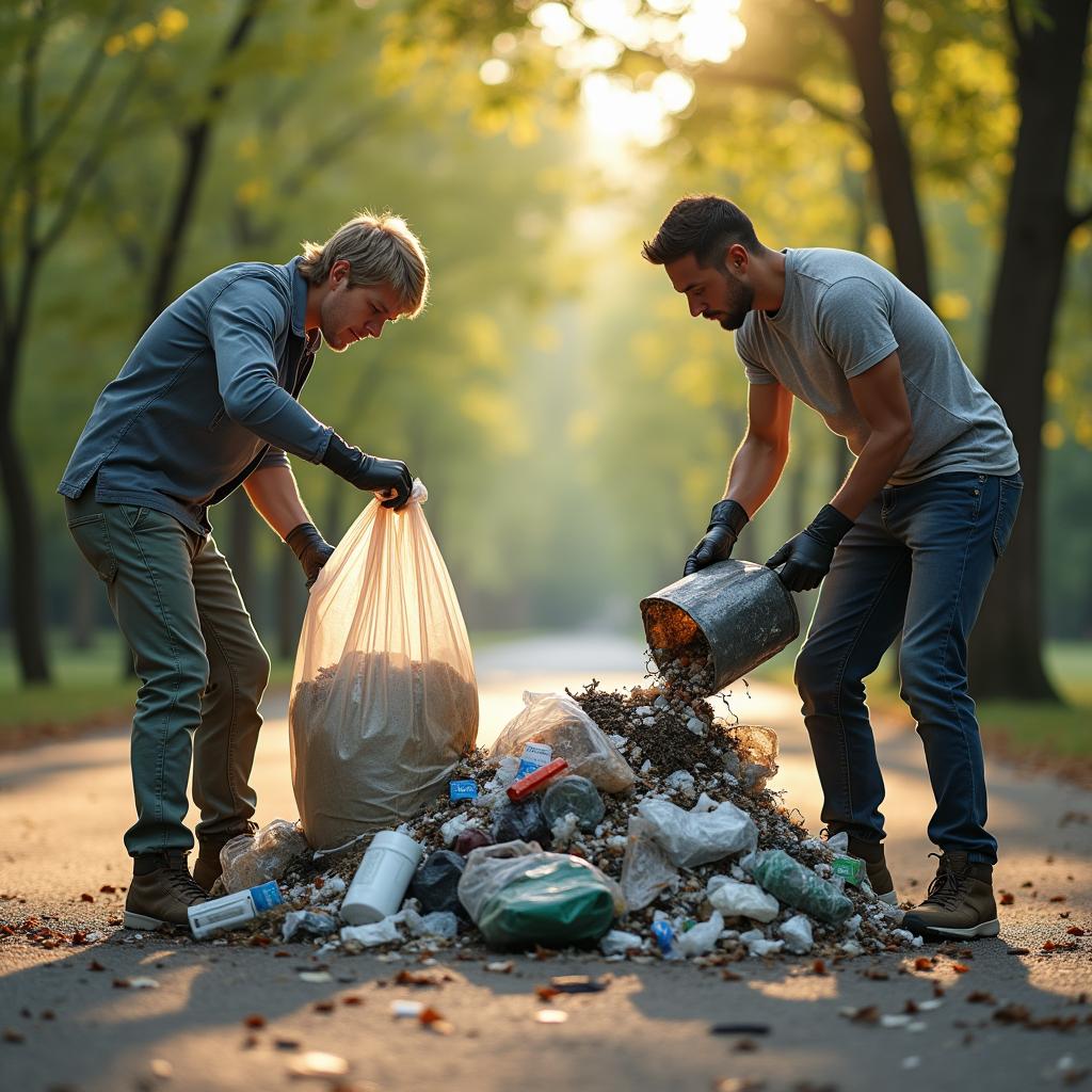An outdoor scene depicting two contrasting actions: on one side, a determined individual with a focused expression, dressed in casual outdoor clothing, is actively picking up trash and placing it into a large bag, surrounded by a messy pile of garbage