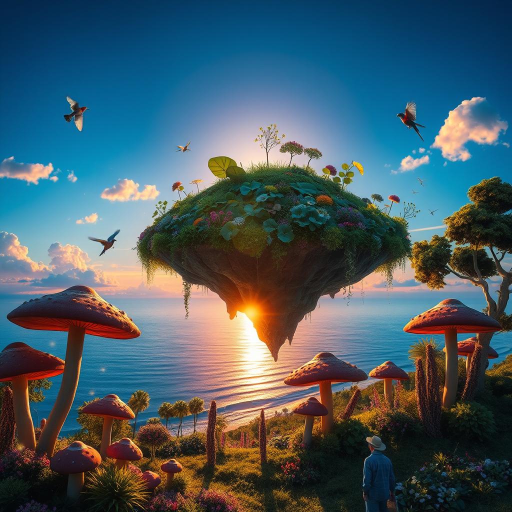 A surreal landscape featuring a giant floating island in the sky, covered in lush greenery and colorful flowers