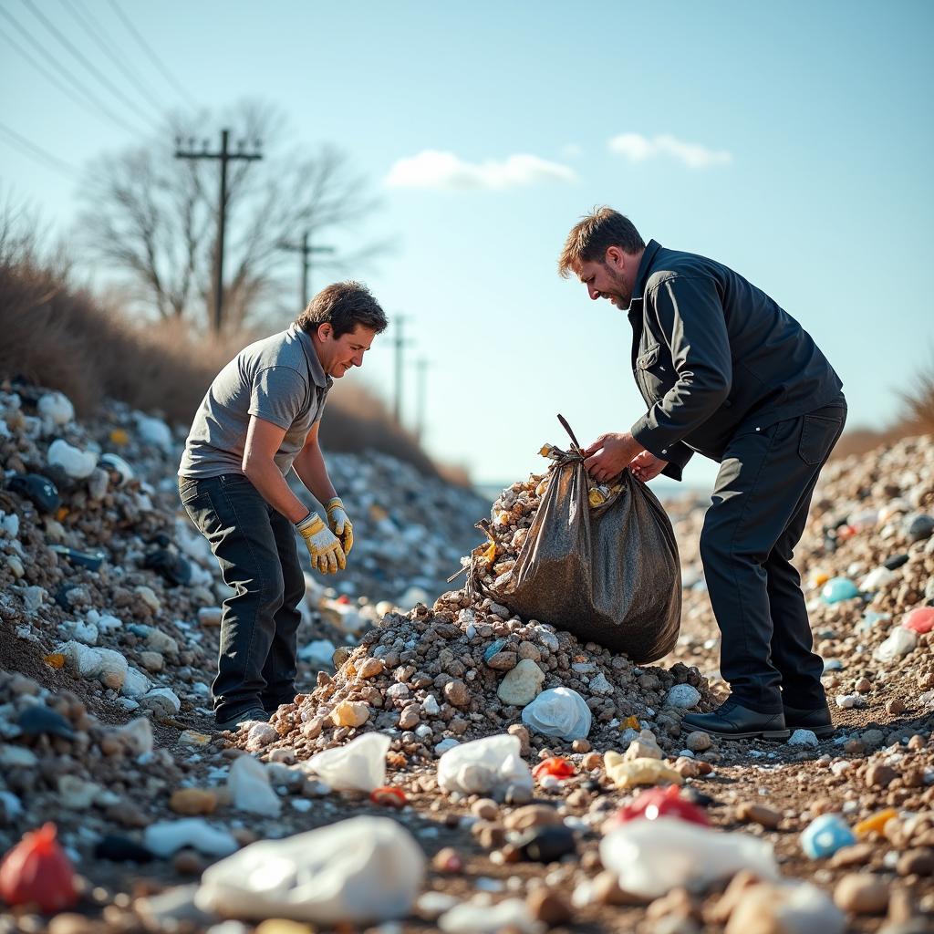 A contrasting scene depicting two individuals interacting with a large garbage pile