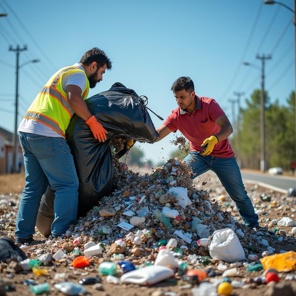 A contrasting scene showcasing two people interacting with a massive garbage pile