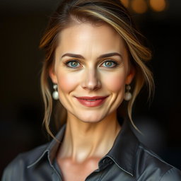 A beautiful 40-year-old woman with strikingly pretty eyes, wearing a stylish shirt