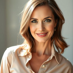 A beautiful 40-year-old woman with strikingly pretty eyes, wearing a stylish shirt