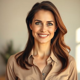 A beautiful 40-year-old woman with strikingly pretty eyes, wearing a stylish shirt