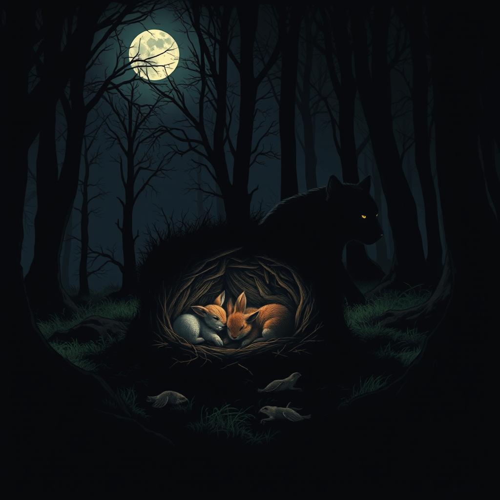 A dark night in the forest, moonlight filtering through the branches of trees