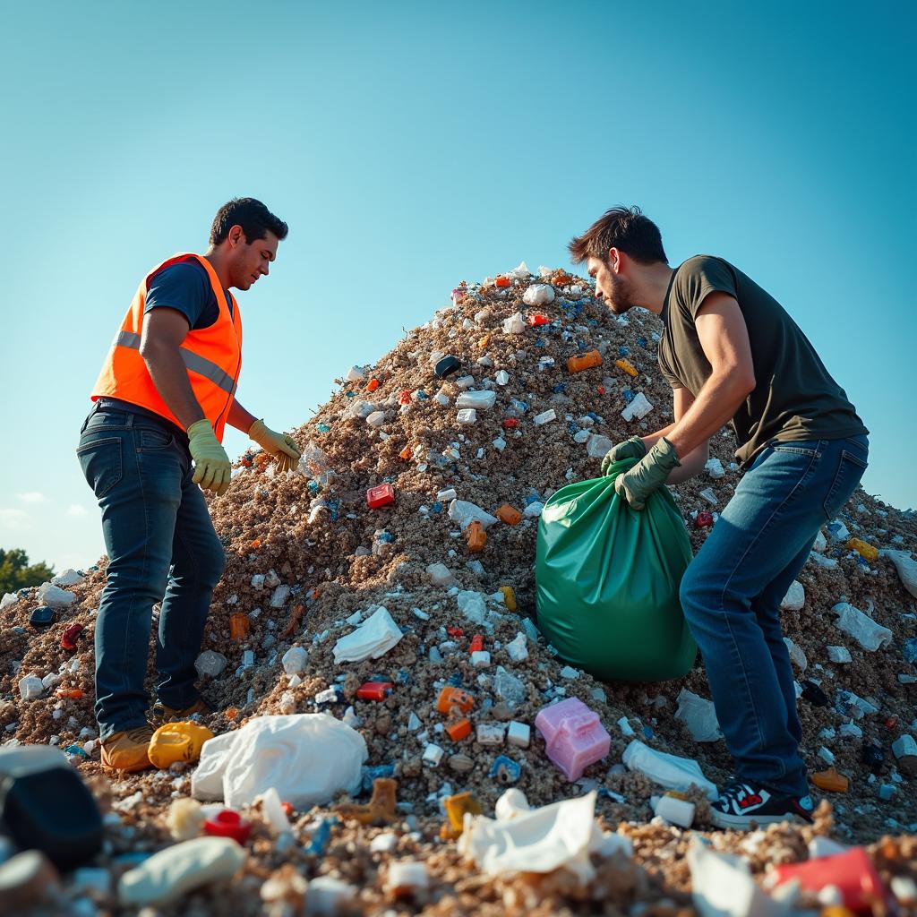 A dramatic scene featuring two individuals engaged with a massive garbage pile