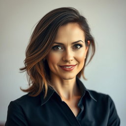 A stunning 40-year-old woman with captivating, beautiful eyes, dressed in a fashionable shirt