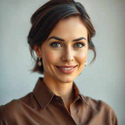 A stunning 40-year-old woman with captivating, beautiful eyes, dressed in a fashionable shirt