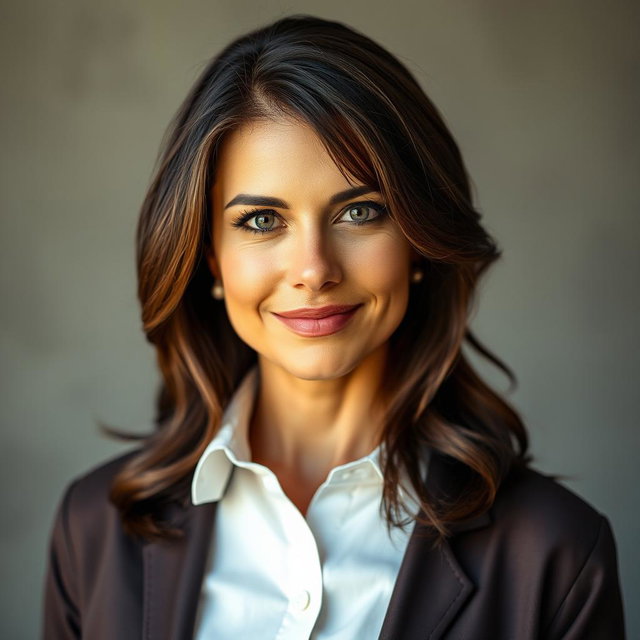 A stunning 40-year-old woman with captivating, beautiful eyes, dressed in a fashionable shirt