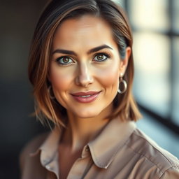 A stunning 40-year-old woman with captivating, beautiful eyes, dressed in a fashionable shirt