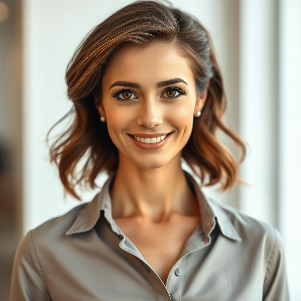 A gorgeous 40-year-old woman with exceptionally beautiful eyes, dressed in a chic, stylish shirt